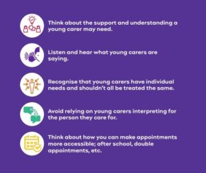 NHS Top Tips for GPs to support young carers. Think about the support and understanding a young carer may need. Listen and hear what young carers are saying. Recognise that young carers have individual needs and shouldn’t all be treated the same. Avoid relying on young carers interpreting for the person they care for. Think about how you can make appointments more accessible; after school, double appointments, etc.