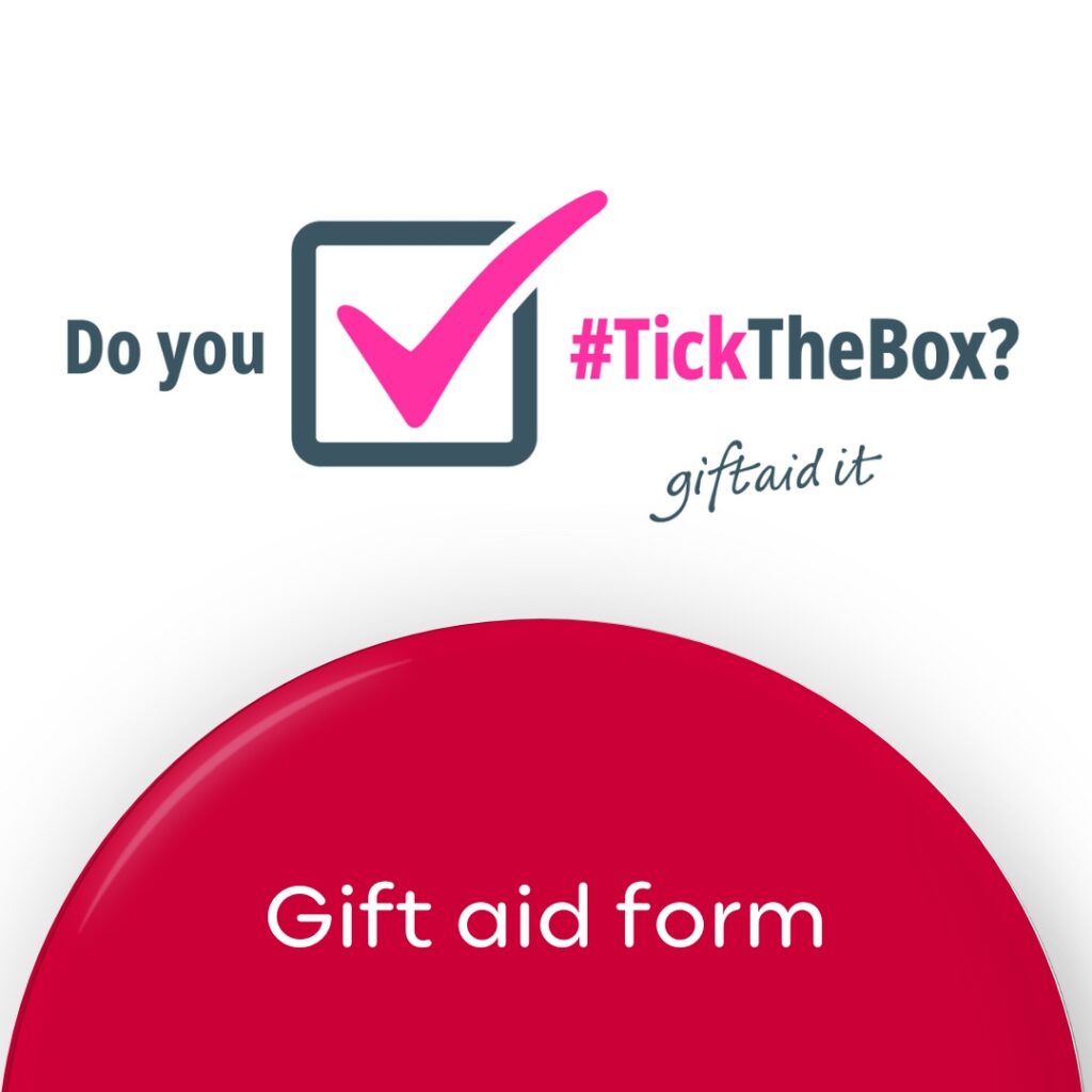 Gift aid form wording with 'Do you tick the box' image