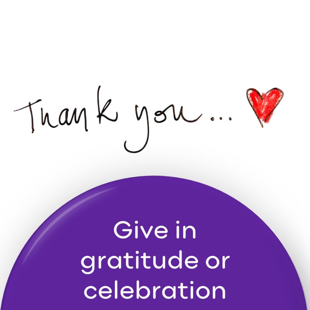 Give in gratitude or celebration wording with handwrititten 'Thank you' with a love heart