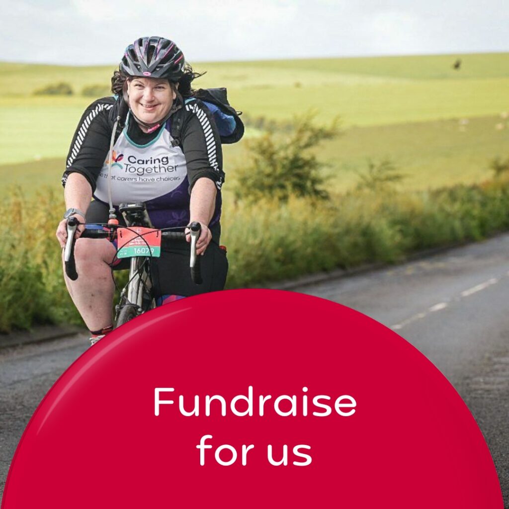 Fundraise for us wording with woman cycling wearing Caring Together vest