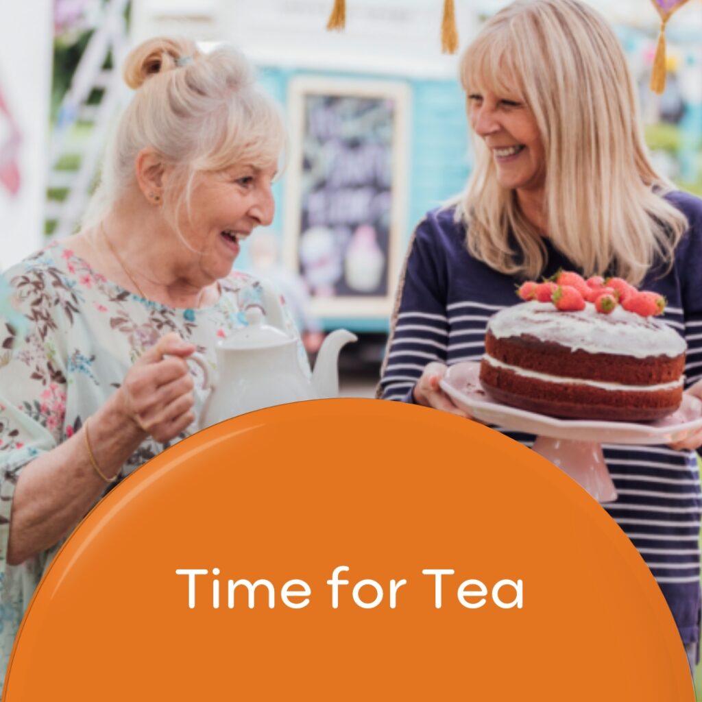 Time for Tea wording with a woman holding a tea pot and another holding a cake
