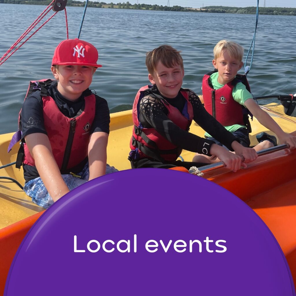 Three young carers having fun on a boat as part of an activity day. Wording 'Local events'.