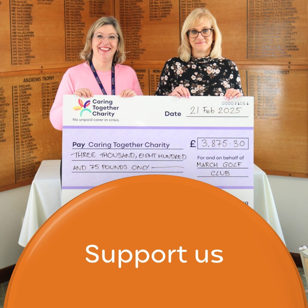 Two women with cheque from March Golf Club for £3,875.30 to Caring Together Charity. Wording 'Support us'.