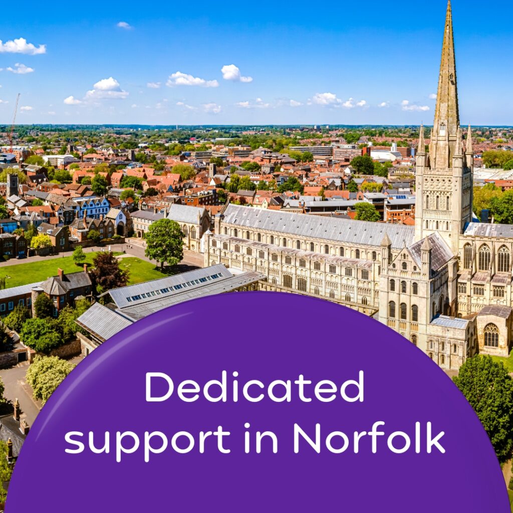 Norwich Cathedral. Wording 'Dedicated support in Norfolk'.