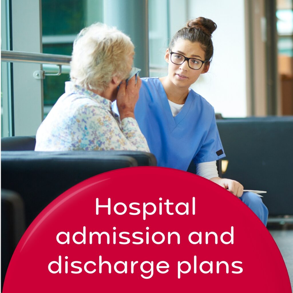 Doctor talking to a carer in a hospital corridor. Wording 'Hospital admission and discharge plans'.