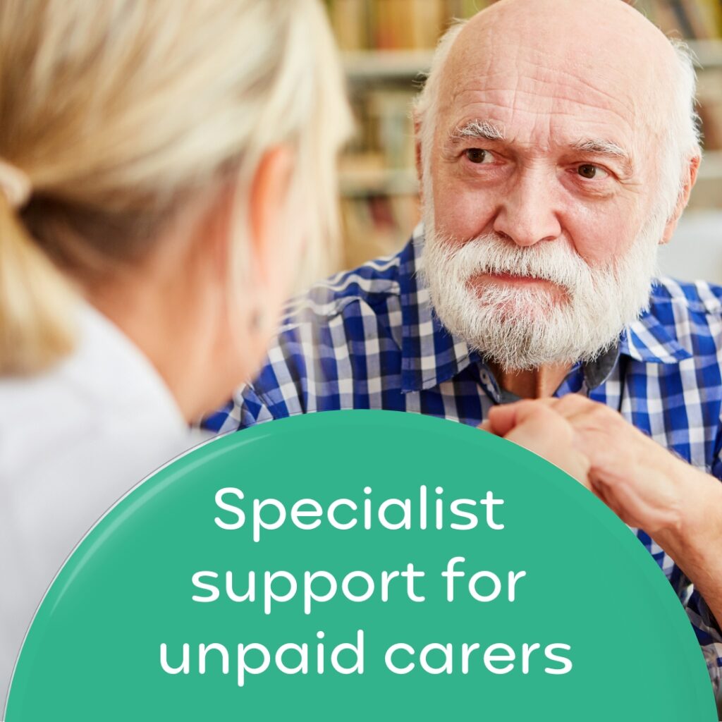 Man talking to a woman. Wording 'Specialist support for unpaid carers'.