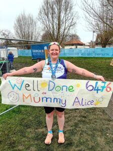 Proud Alice with her banner