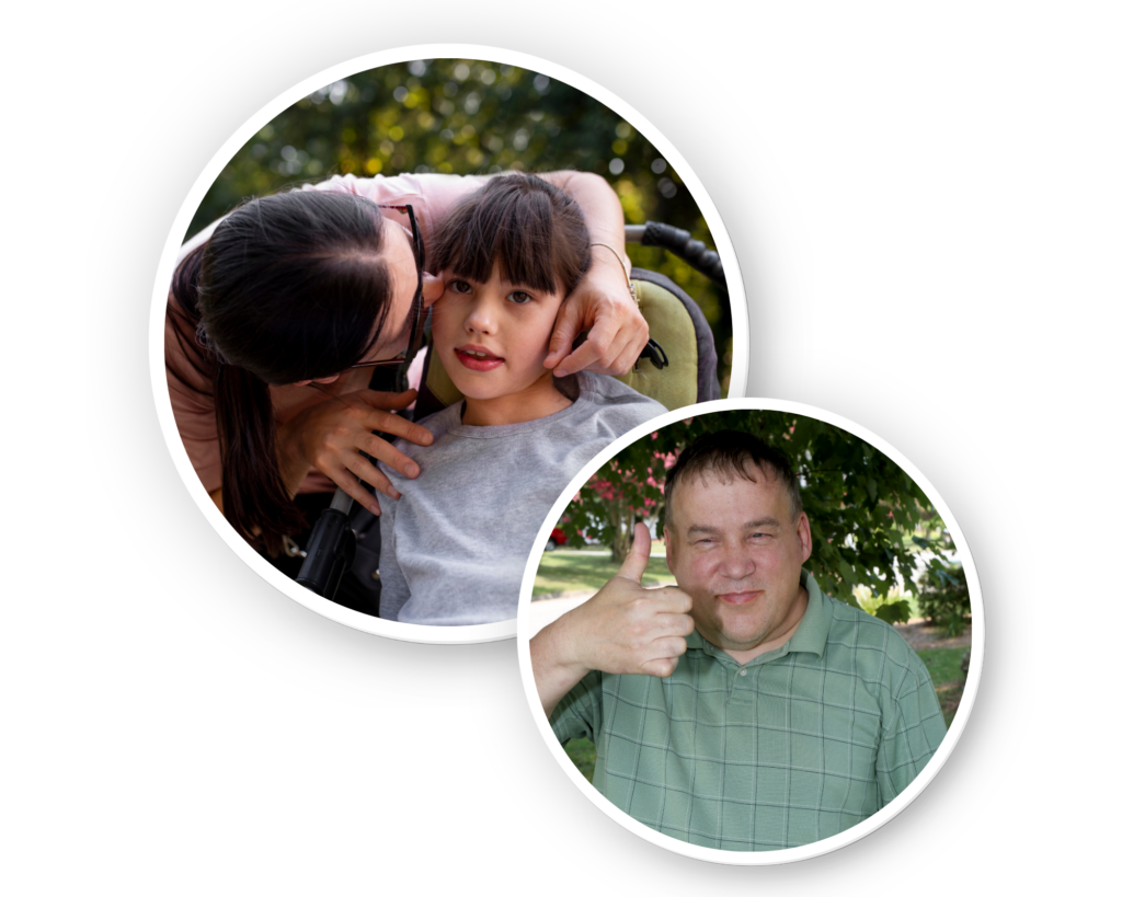 Caring for someone with autism. Mum with child in wheelchair. Older man with his thumb up.