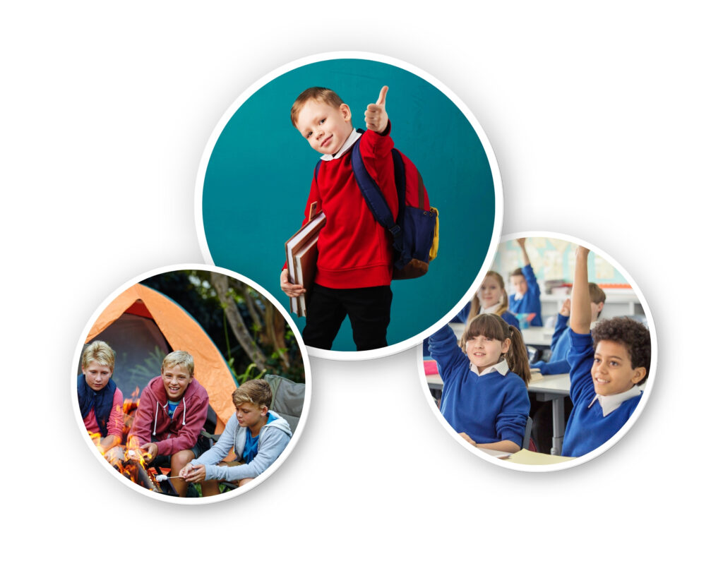 Be a carer for a day - boy in school uniform with thumb up, boys camping, school children with hands in air
