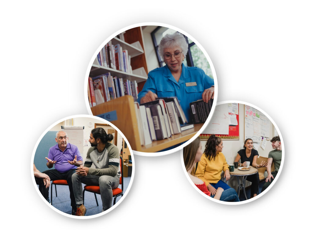 Carer Friendly Tick Award - Communities. Woman working in library, church group and youth group photos