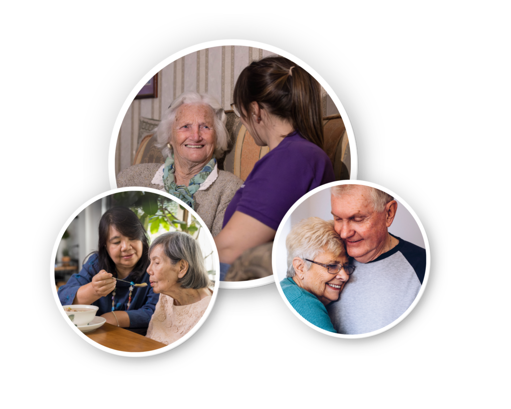 Contact us. Care Professional with a lady she supports, husband who looks after his wife and daughter who looks after her mum.