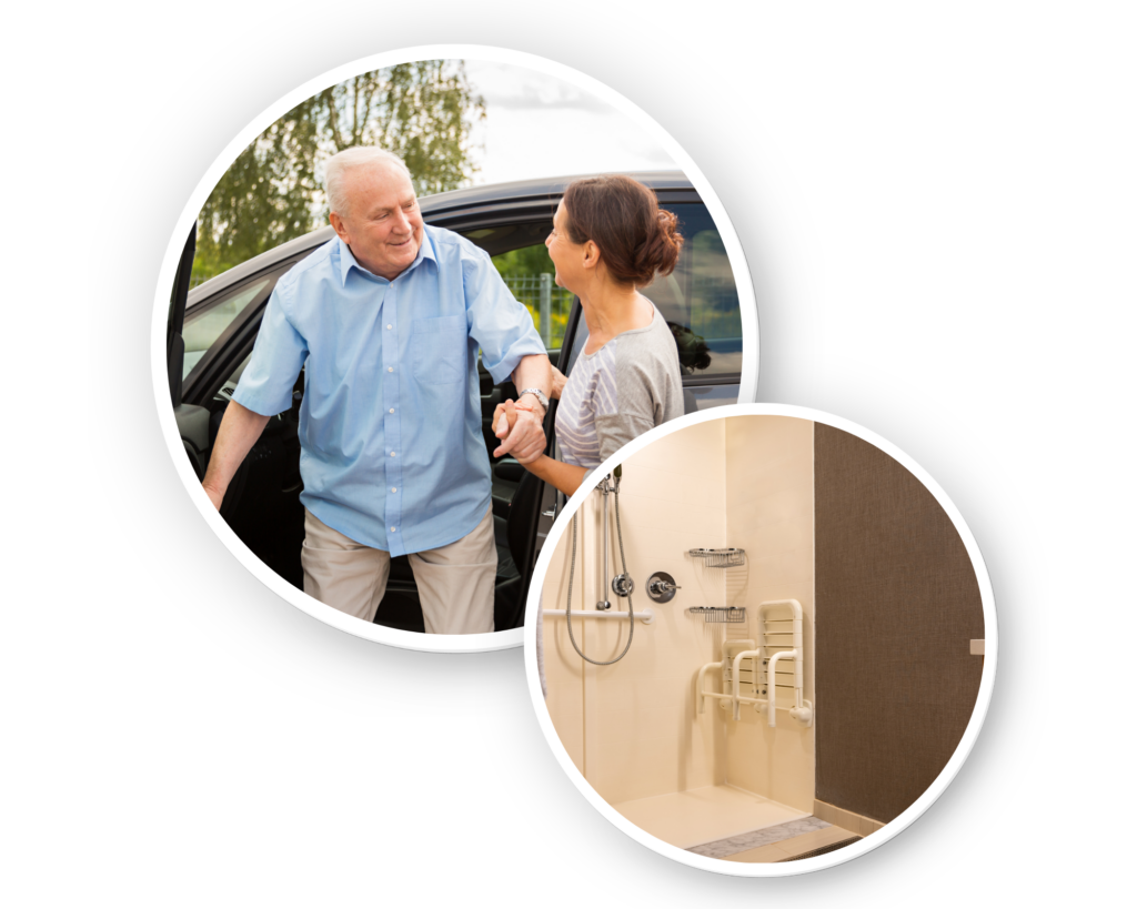 Caring for someone with Parkinson's disease. Lady helping man out of a car. Shower with grab rails and seat.