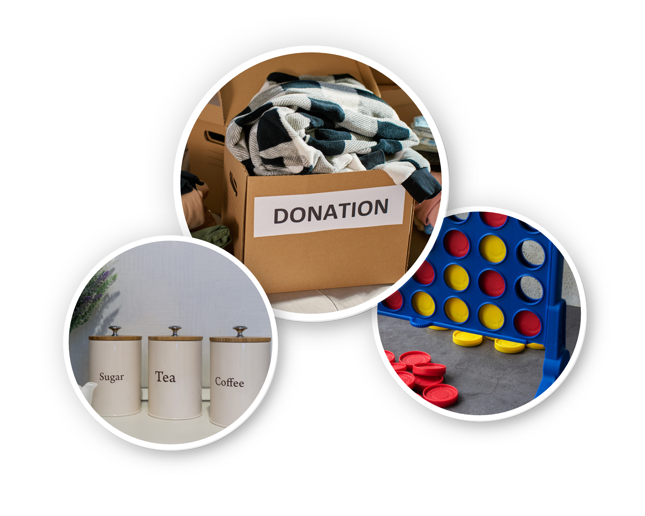 Charity shop donations including tea/coffee/sugar jars, a box of clothes and a Connect 4 game